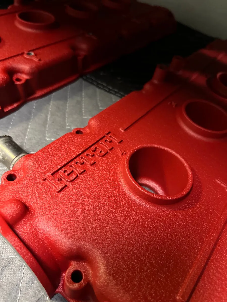 Ferrari valve covers in a red wrinkle finish