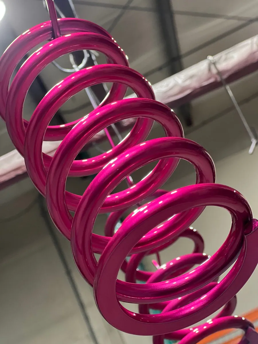 Coil springs in glossy magenta hanging on the rack